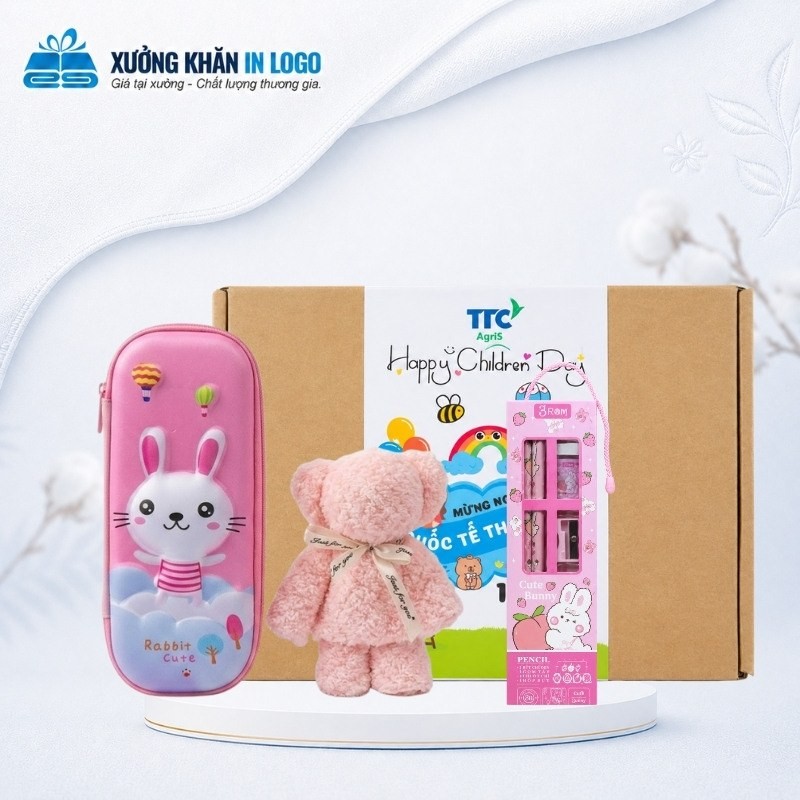 Bộ Combo quà tặng khăn gấp gấu kết hợp hộp bút và bút chì CBKB-01 đồng bộ màu hồng dễ thương
