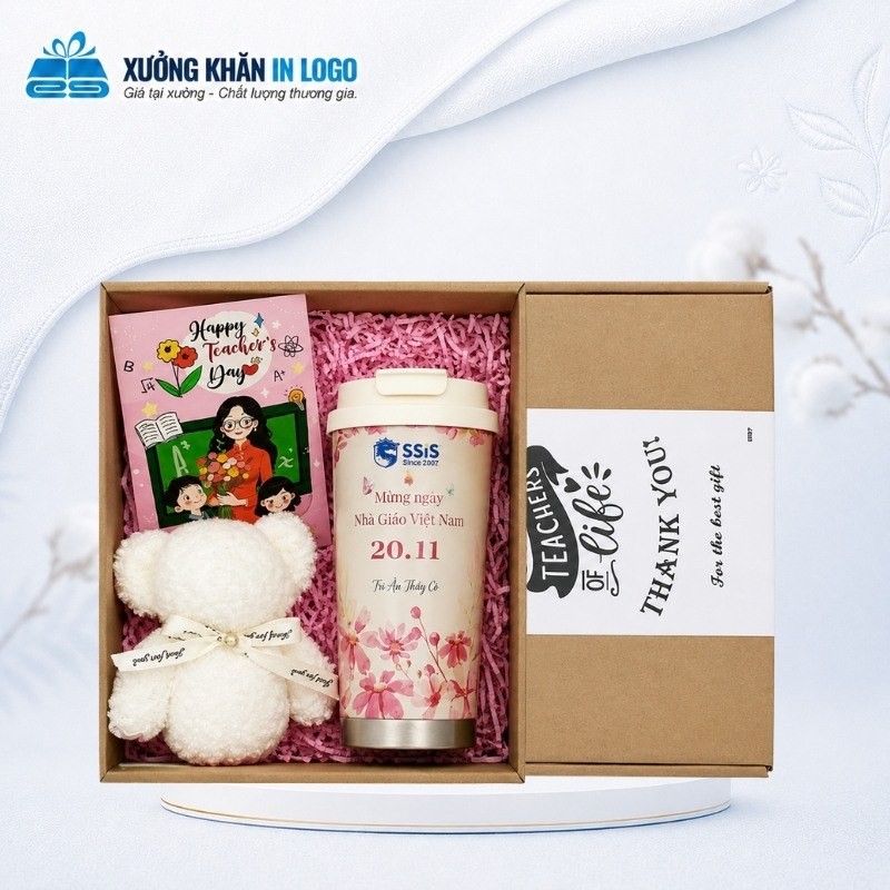 Combo quà tặng khăn bông gấp gấu kết hợp ly giữ nhiệt CBKB-08 đựng trong hộp kraft lót rơm hồng