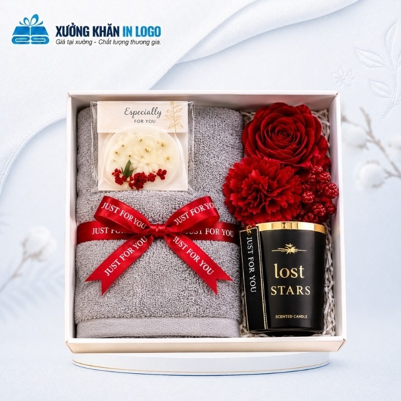 Hộp quà tặng CBKB-04 phối màu xám đỏ ấm áp gồm khăn cotton nến thơm lost STARS và sáp hoa khô