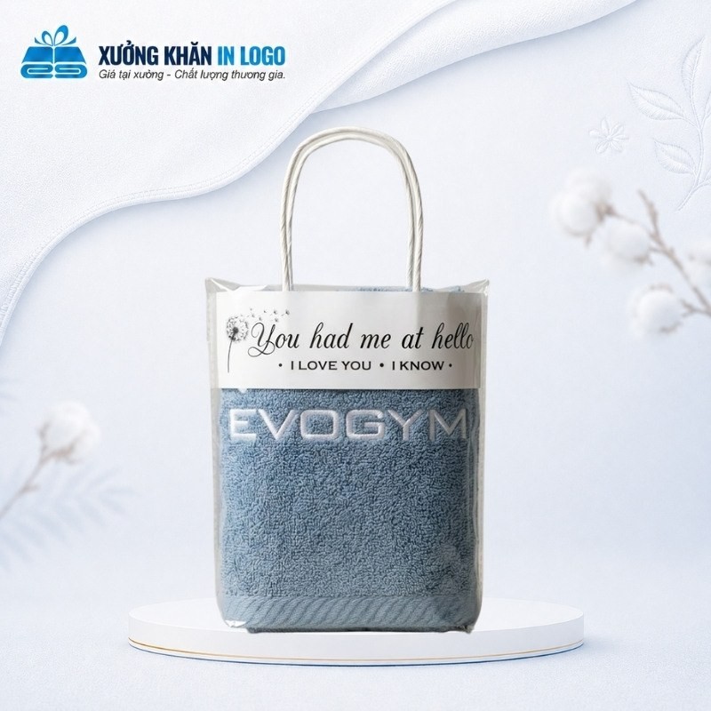 Set 1 khăn quà tặng thêu logo chất liệu Cotton màu xanh dương kích thước 35x78cm SKB-04 đựng trong túi quai xách chỉn chu