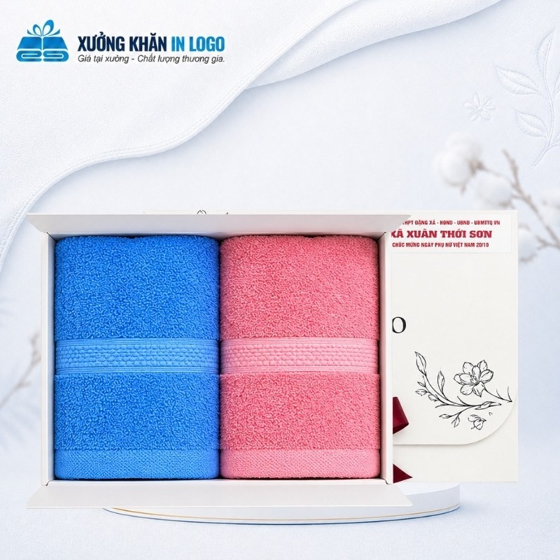 Set 2 khăn quà tặng cotton SKB-18 màu xanh hồng trong hộp quà thắt nơ