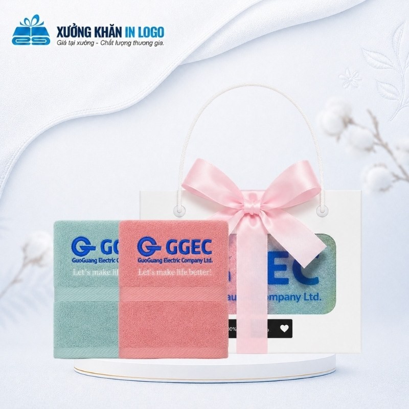 Set 2 khăn quà tặng thêu logo chất liệu Cotton màu xanh hồng SKB-11