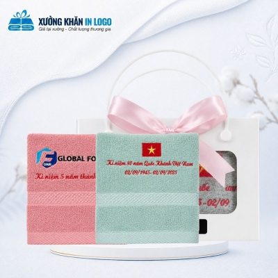 Set 2 khăn quà tặng thêu logo (khăn gội) chất liệu Cotton màu xanh hồng kích thước 36x78cm SKB-16 - Ảnh đại diện