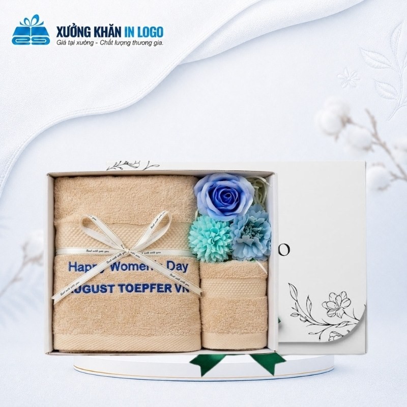 Set 2 khăn quà tặng thêu logo cotton màu vàng nhạt trong hộp giấy ivory thắt nơ xanh
