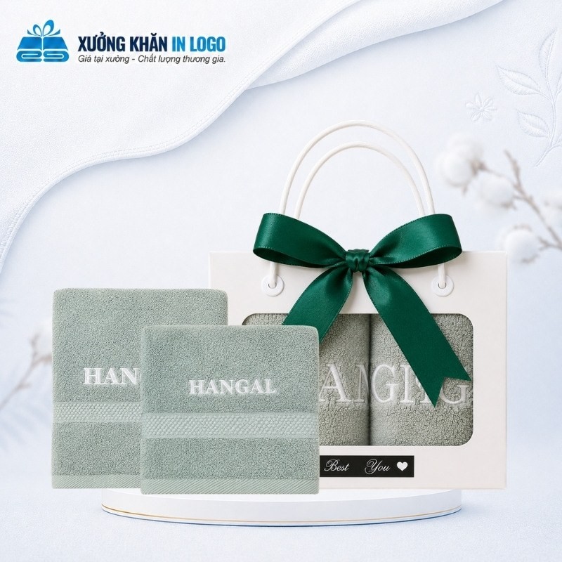 Set 2 khăn quà tặng thêu logo chất liệu Cotton màu xanh mint dịu mát mã SKB-26 đựng trong hộp quà thắt nơ sang trọng