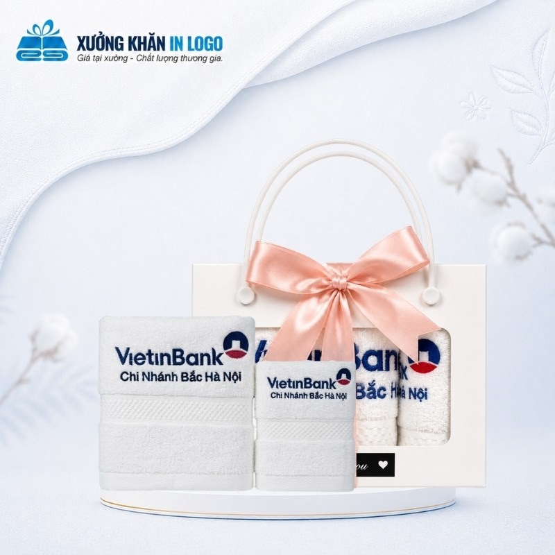 Set 2 khăn quà tặng thêu logo Cotton SKB-20 đóng gói trong hộp quai xách thắt nơ lịch thiệp