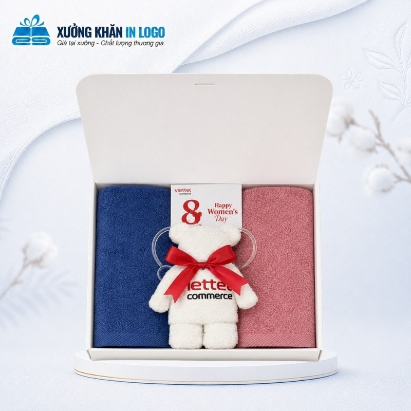 Set 3 khăn quà tặng thêu logo Cotton SKB-28 đóng hộp nắp gập kèm gấu Teddy dễ thương