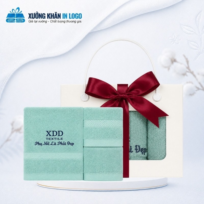 Set 3 khăn quà tặng thêu logo Cotton SKB-12 màu xanh bạc hà kèm hộp quai xách thắt nơ đỏ