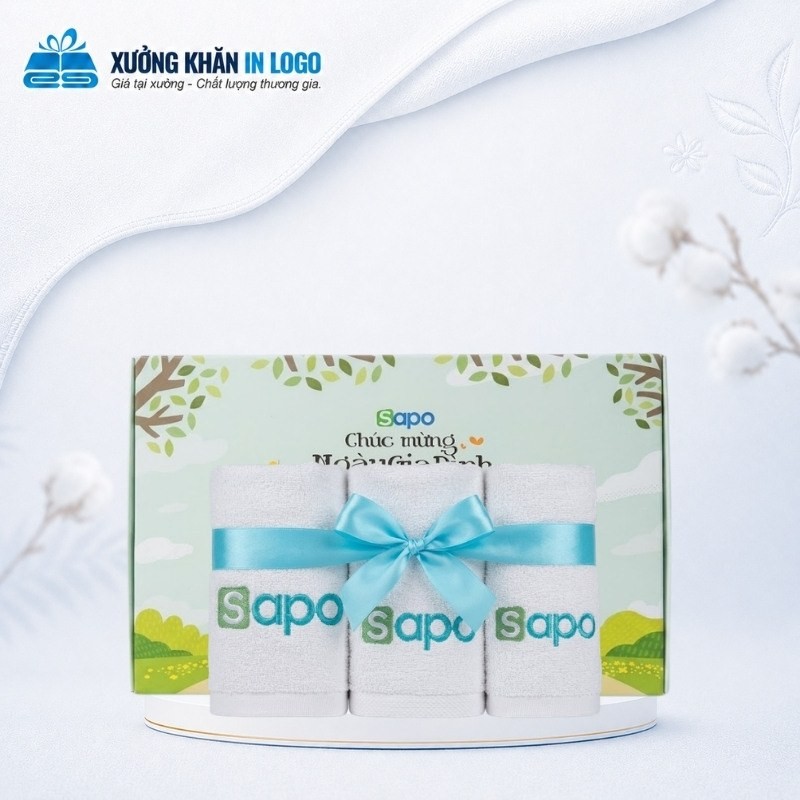 Set 3 khăn quà tặng thêu logo chất liệu Cotton màu trắng SKB-33 đi kèm hộp đựng thiết kế riêng